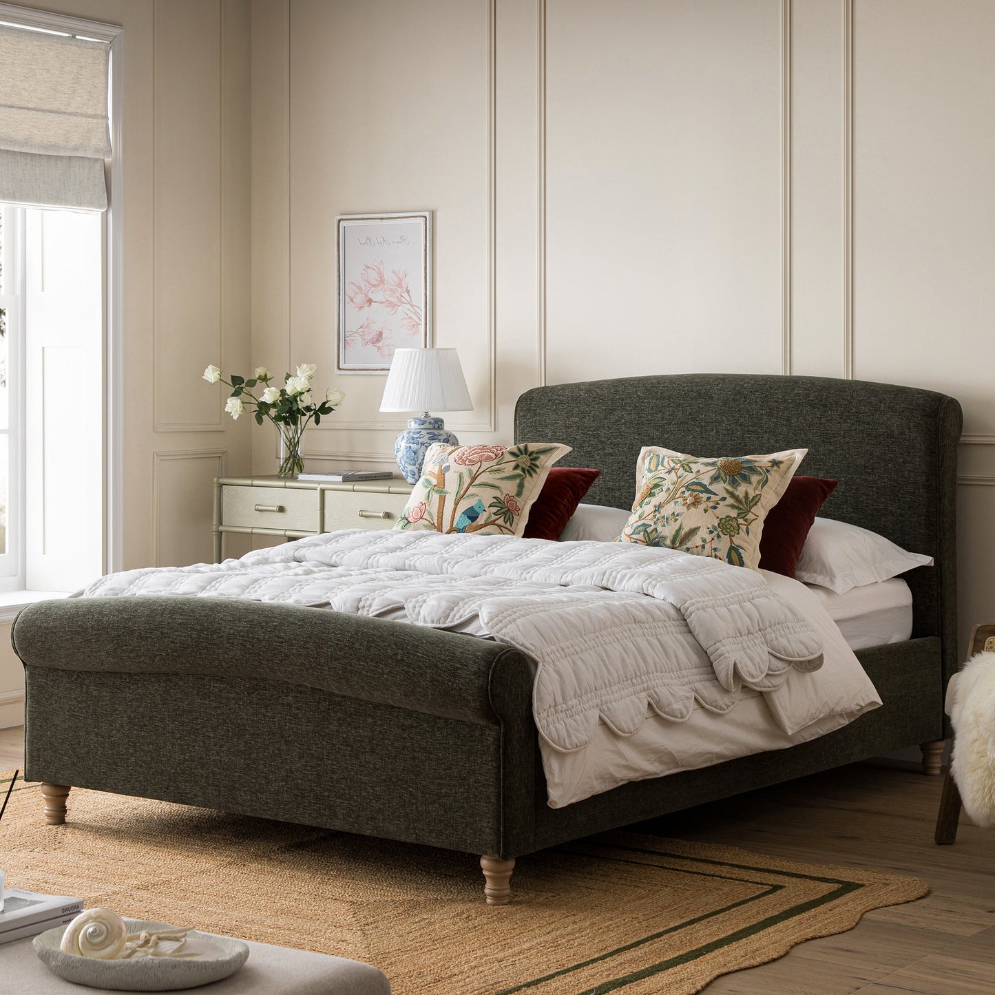 Porchester Ottoman Storage Sleigh Bed, Forest Green Chenille