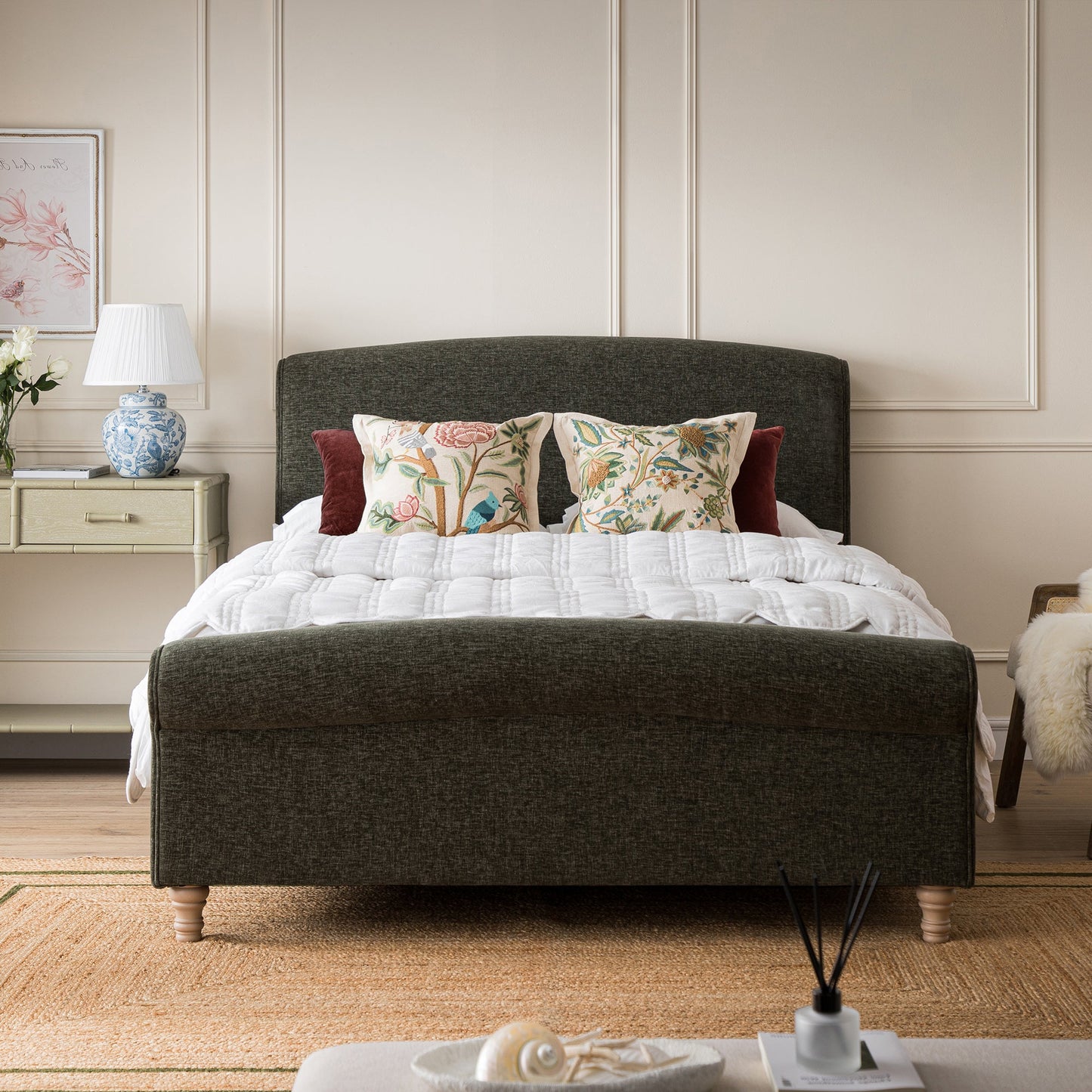 Porchester Ottoman Storage Sleigh Bed, Forest Green Chenille