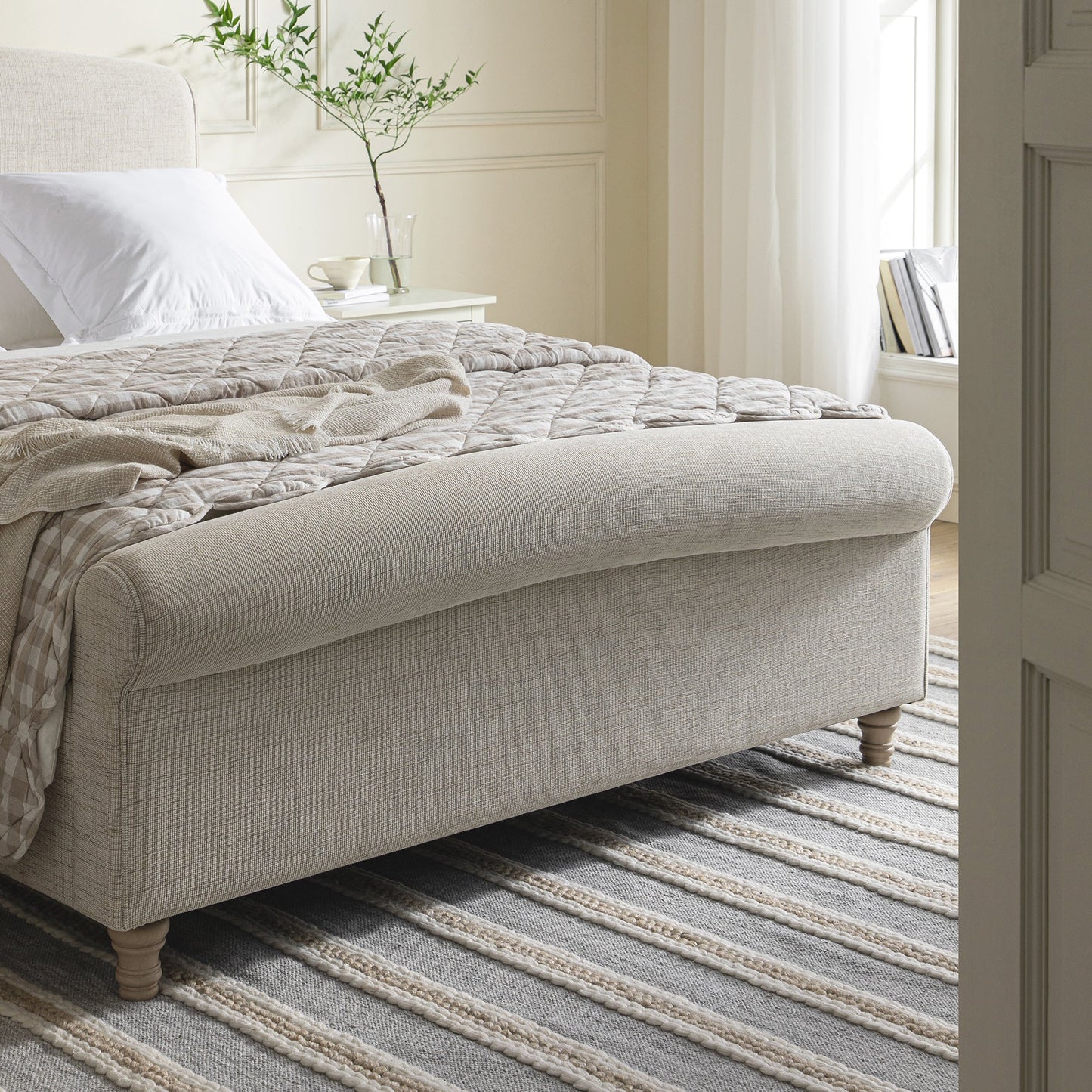 Porchester Ottoman Storage Sleigh Bed, Oatmeal Woven Textured Fabric