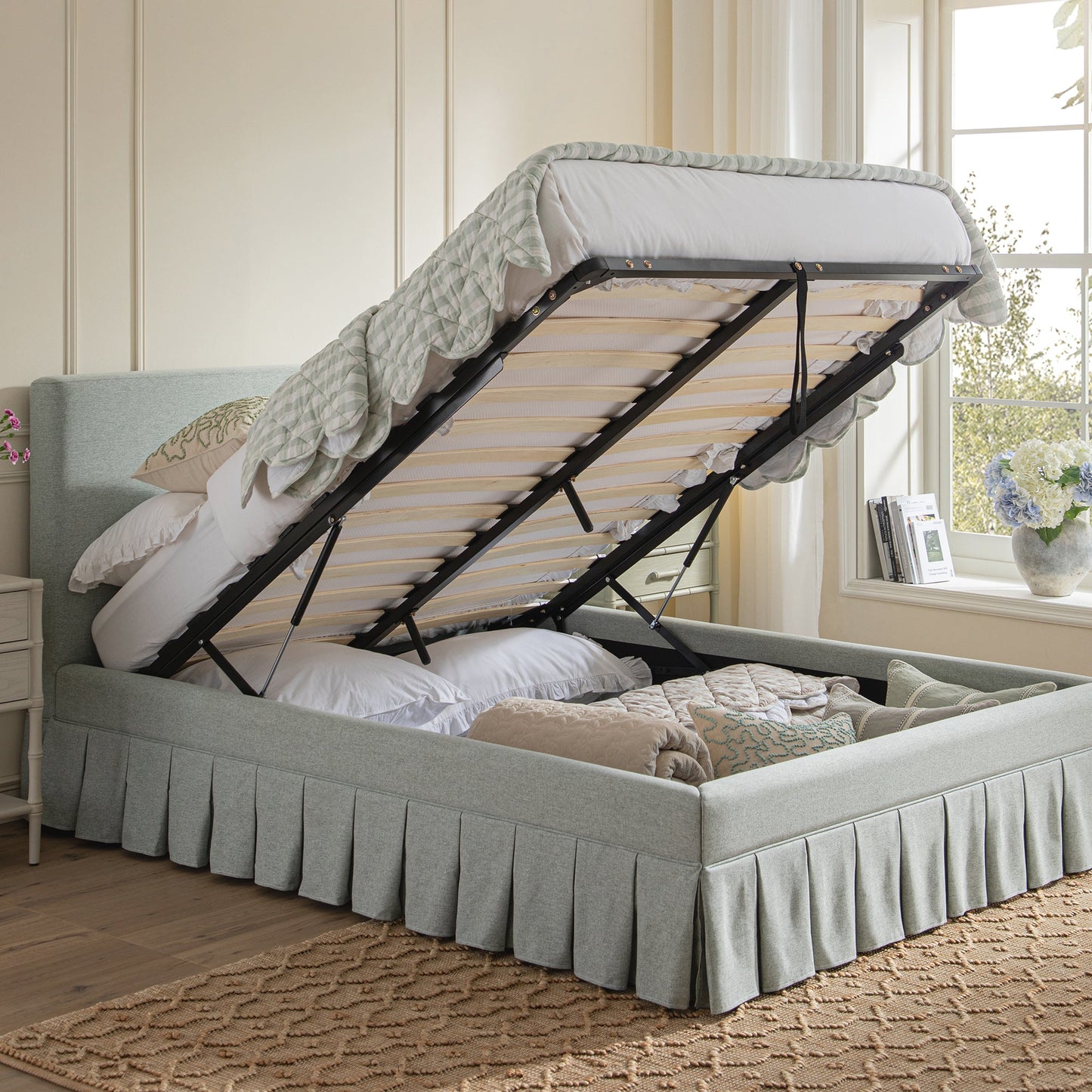 Egerton Box-Pleat Ottoman Storage Bed, Pale Aqua Brushed Fabric