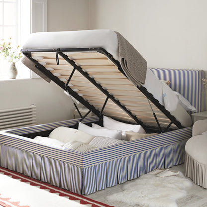Egerton Box-Pleat Ottoman Storage Bed, Blue Striped Linen