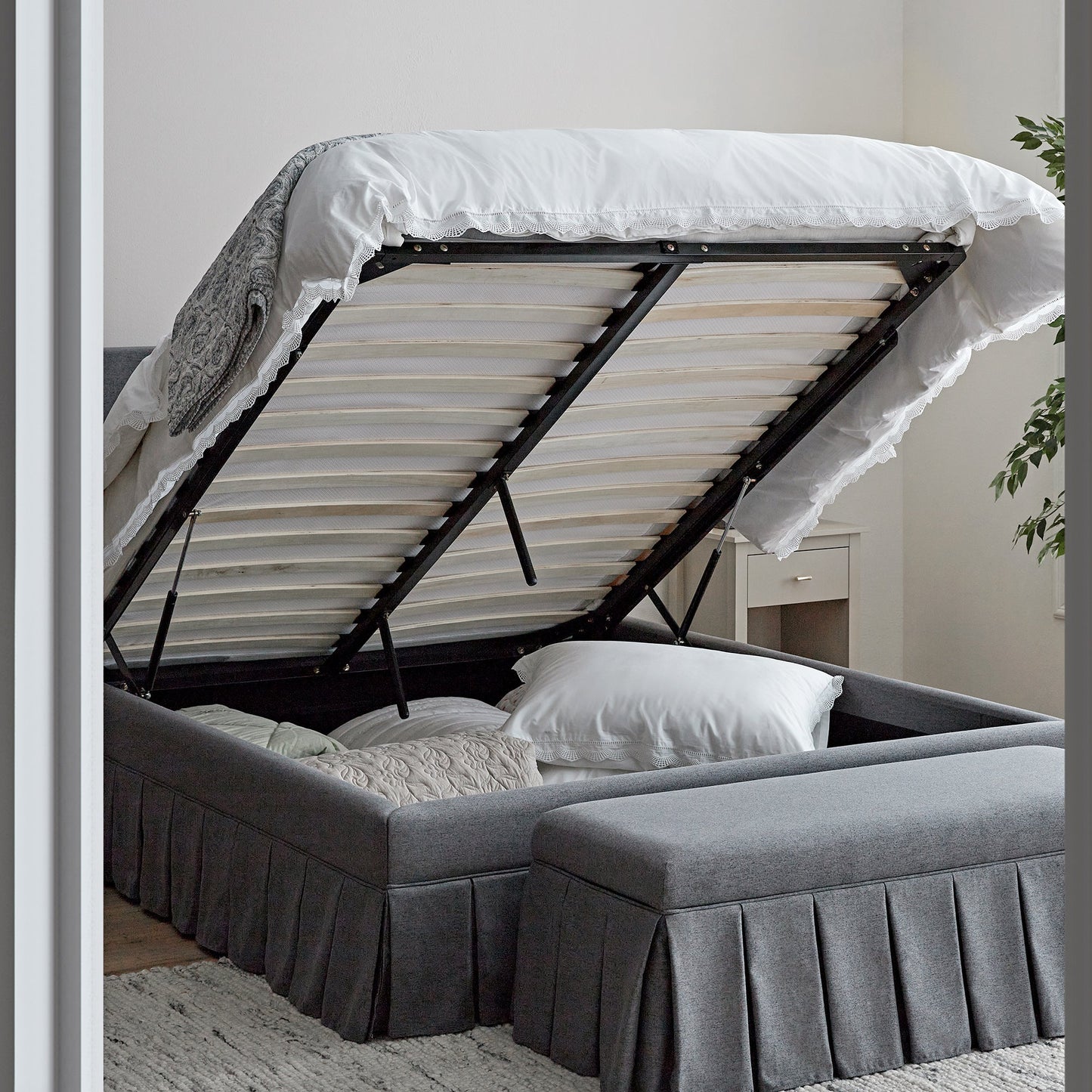 Egerton Box-Pleat Ottoman Storage Bed, Charcoal Brushed Fabric