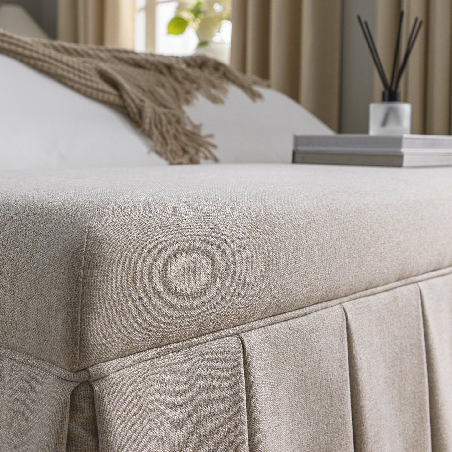 Egerton Box-Pleat Storage Bench, Oatmeal Brushed Fabric