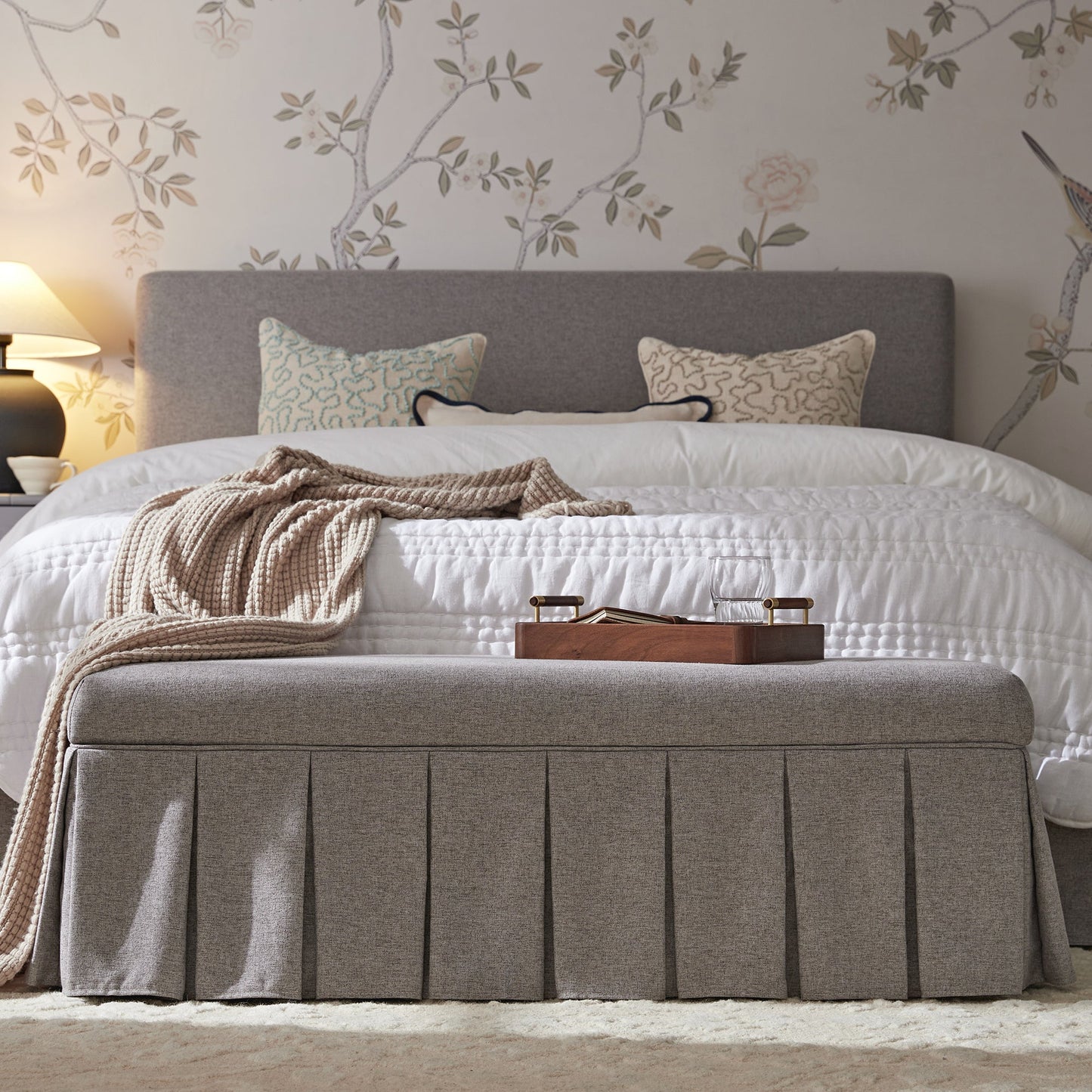 Egerton Box-Pleat Storage Bench, Stone Brushed Fabric