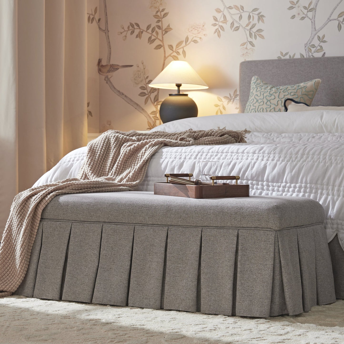 Egerton Box-Pleat Storage Bench, Stone Brushed Fabric